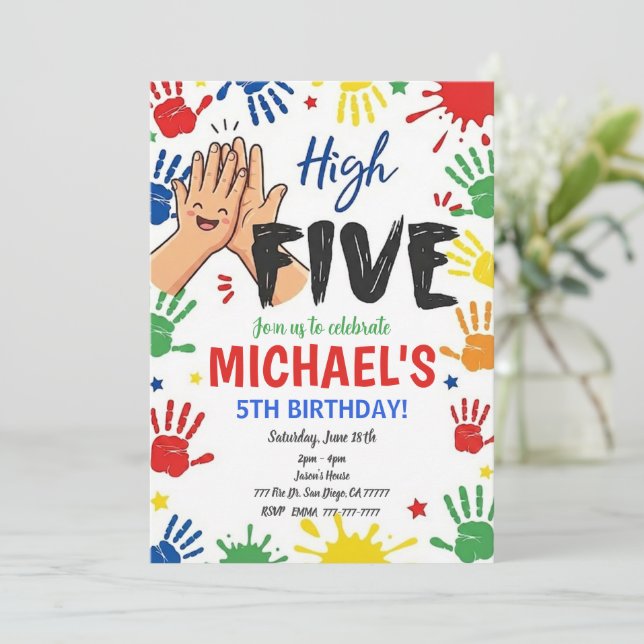 High Five Birthday Hi Five 5th Birthday Party Einladung (Stehend Vorderseite)