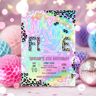 High Five Rainbow Leopard Print 5th Birthday Party Einladung