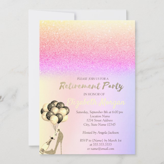High Heel Balloons Ombre Glitzer Rentirement Party Einladung (Vorderseite)