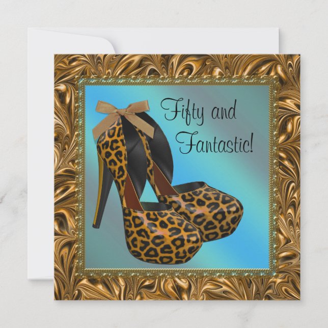 High Heel Schuhe Frauen Leopard Gold 50. Geburtsta Einladung (Vorderseite)
