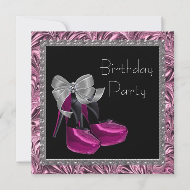 High Heel Schuhe Hot Pink Black Birthday Party Einladung (Vorderseite)
