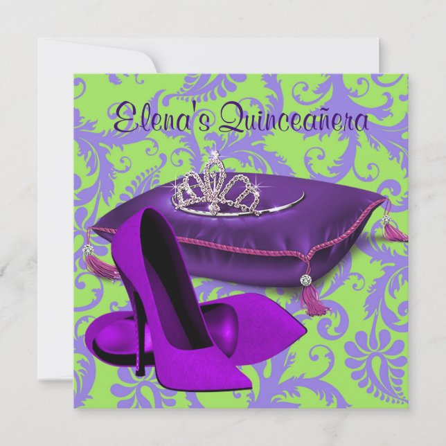 High Heel Schuhe Kalkgrün Lila Quinceanera Einladung (Vorderseite)