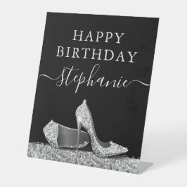 High Heel Shoel Black and Silver Glitzer Geburtsta Sockelschild