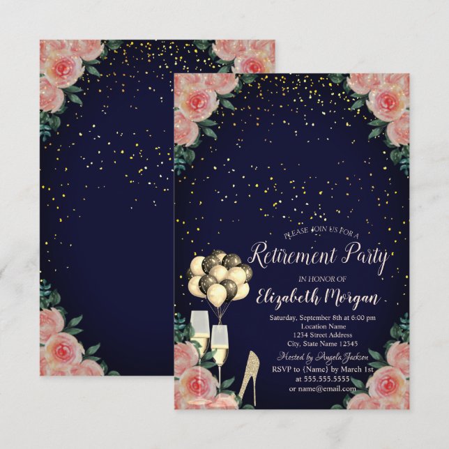 High Heels, Confetti Blue Floral Rentierungs-Party Einladung (Vorne/Hinten)