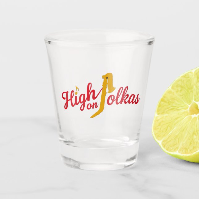 High on Polkas Logo-Shotglas Schnapsglas (Vorderseite)