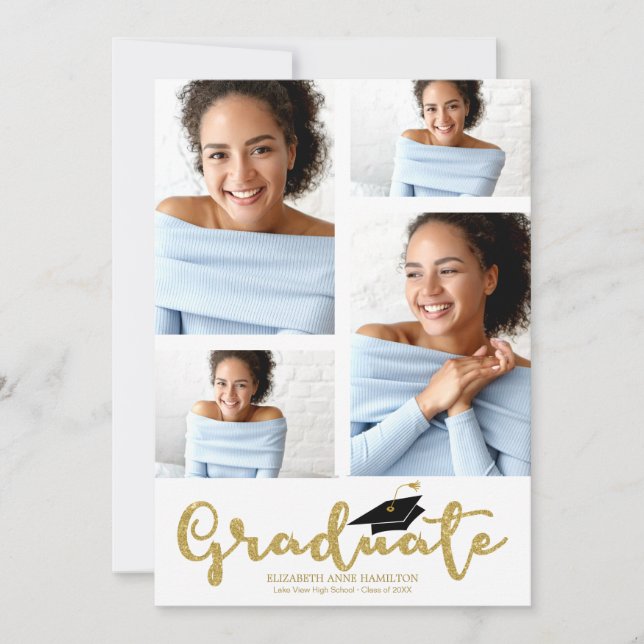 High School 4 Foto Gold Glitzer Grad Bekanntgabe Ankündigung (Vorderseite)
