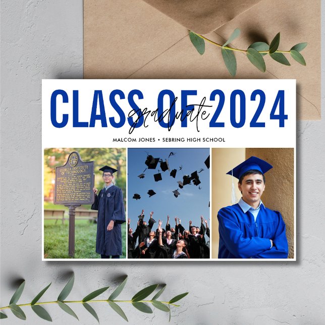 High School Abschluss Blue Foto Collage Ankündigung (High School Graduation Blue Photo Collage Announcement)