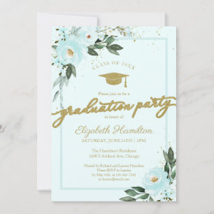 High School Grad Party Gold Aquamarine Blume Einladung