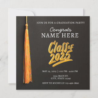 High School Graduation Cap Black Gold Class 2025 Einladung