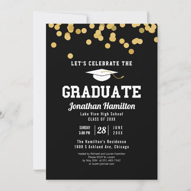 High School Graduation Party Black Gold Confetti Einladung (Vorderseite)