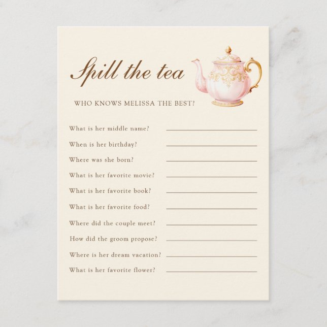 High Tea Pastel Yellow Bridal Shower Party Game Begleitkarte (Vorderseite)