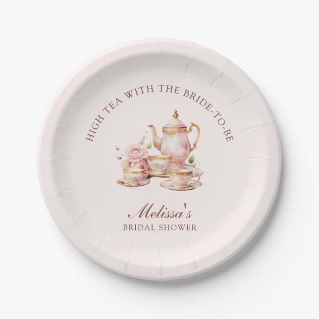High Tea Pastell Rosa Goldene Brautparty Pappteller (Vorderseite)