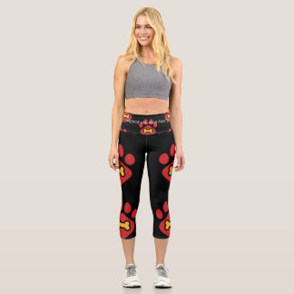 High-Waisted Capri Leggings – Red Pawprint & Bone