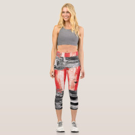 High Waisted Capris – Red Pulse Abstract Design