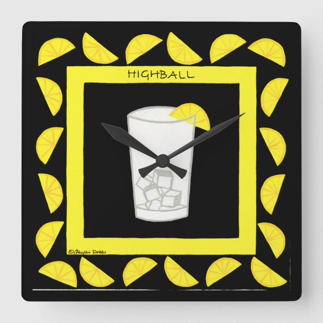 Highball Retro Drink Cocktail Gelbe Zitronen Schwa Quadratische Wanduhr (Vorderseite)