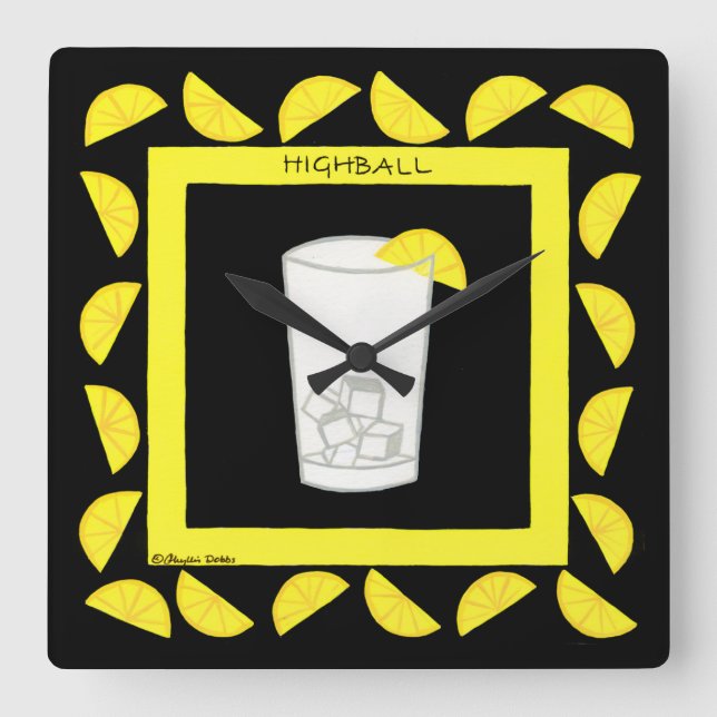 Highball Retro Drink Cocktail Gelbe Zitronen Schwa Quadratische Wanduhr (Vorderseite)