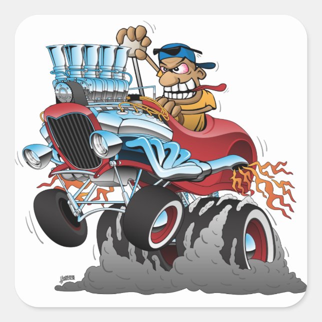 Highboy Frisierte Auto Race Car Cartoon Quadratischer Aufkleber (Vorderseite)
