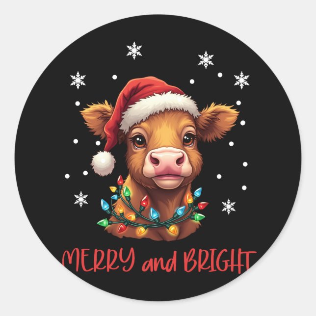 Highland Baby Cow Christmas Lights Runder Aufkleber (Vorderseite)