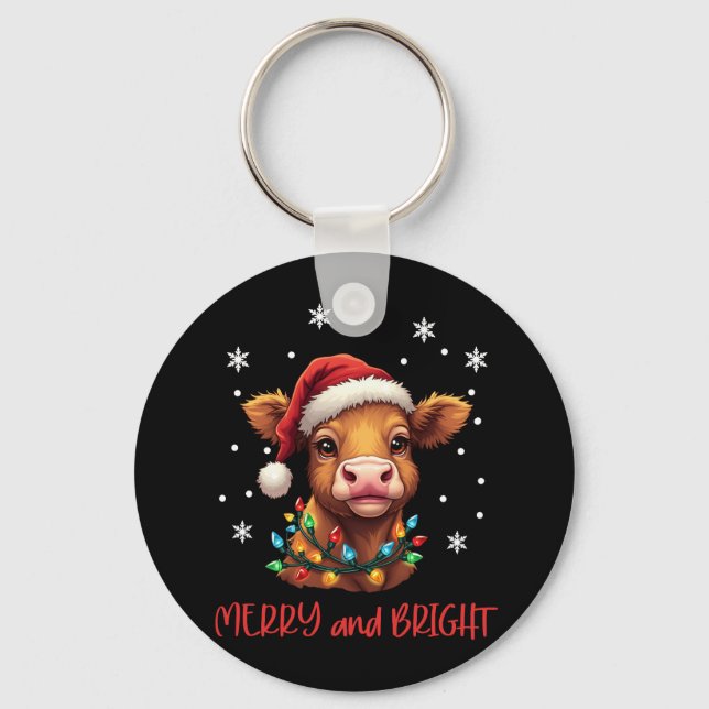 Highland Baby Cow Christmas Lights Schlüsselanhänger (Vorderseite)