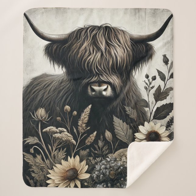 Highland Bull mit Sonnenblume Sherpadecke (Vorderseite)
