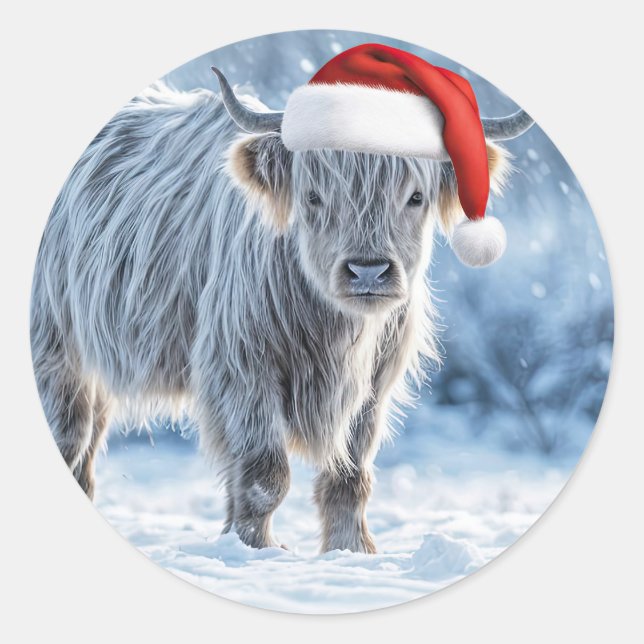 Highland Calf im Schnee glückliche Ferien Niedlich Runder Aufkleber (Vorderseite)