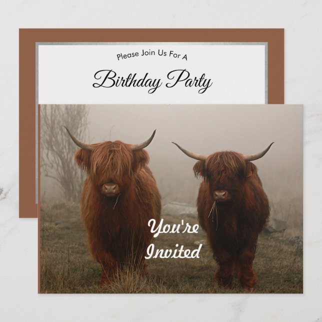 Highland Cattle Fog Foto Birthday Einladung (Vorne/Hinten)