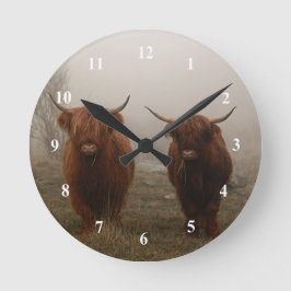 Highland Cattle Fog Foto Runde Wanduhr
