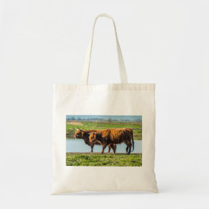 Highland cattle grazing on scenic Wicken Fen UK Tragetasche