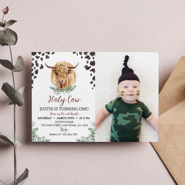 Highland Cow 1er Anniversaire Invitation (Créateur téléchargé)