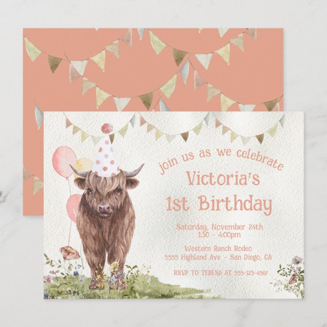Highland Cow 1st Birthday Party Invitation (Devant / Derrière)