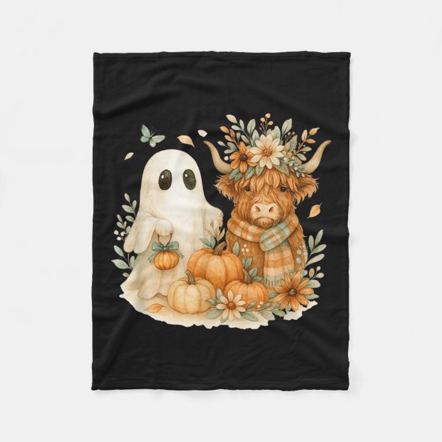 Highland Cow &amp; Ghost Pumpkin Patch Watercolor  Fleecedecke (Vorderseite)