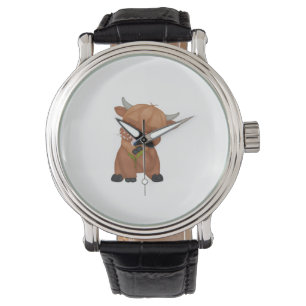 Highland Cow and Dandelion Puff Classic T - Shirt Armbanduhr
