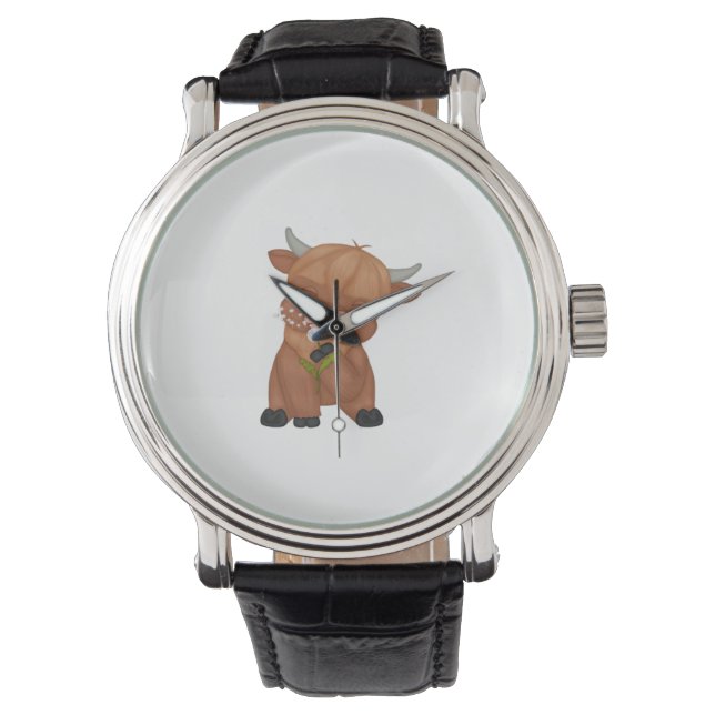 Highland Cow and Dandelion Puff Classic T - Shirt Armbanduhr (Vorderseite)