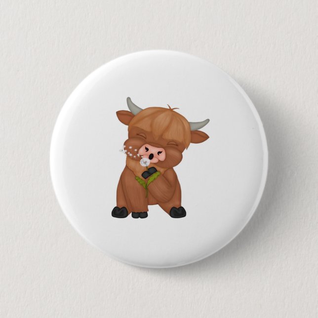 Highland Cow and Dandelion Puff Classic T - Shirt Button (Vorderseite)