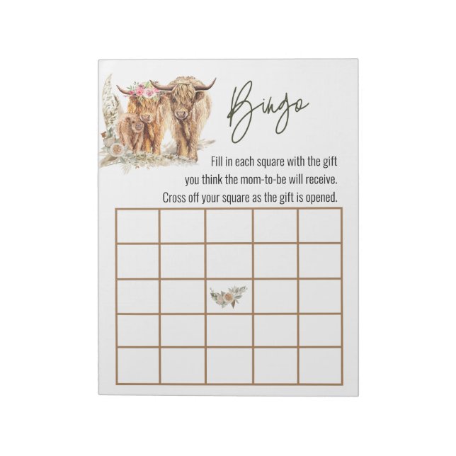 Highland Cow Baby Shower Bingo Game Couples Notizblock (Rotiert)