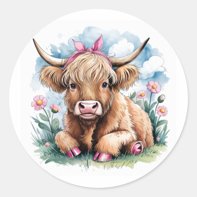 Highland Cow Baby Shower Bliss Runder Aufkleber (Vorderseite)