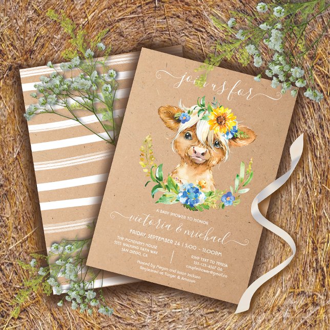Highland Cow Baby shower Floral Invitation (Créateur téléchargé)