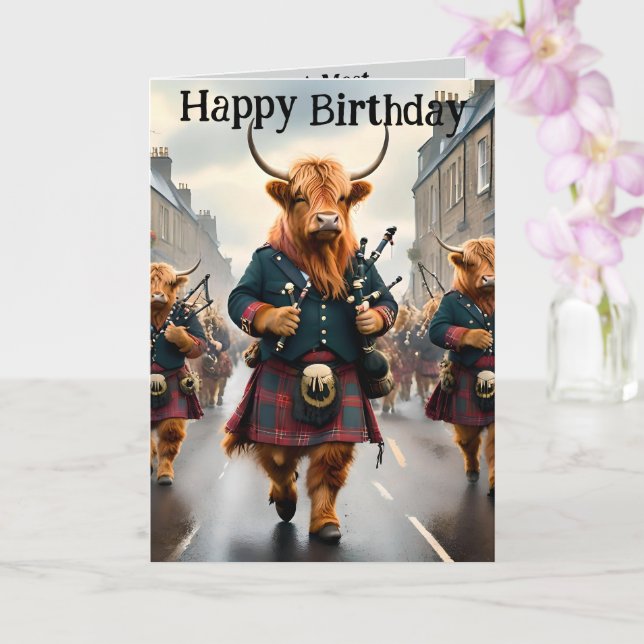 Highland Cow Bagpipe Band, Geburtsdatum Karte (Orchidee)