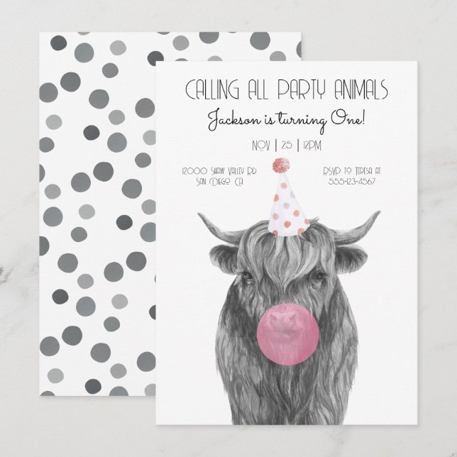 Highland Cow Black and White Birthday Party Einladung (Vorne/Hinten)