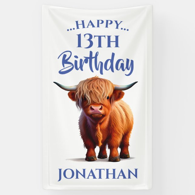 Highland Cow Blue Happy Birthday Banner (Vertikal)