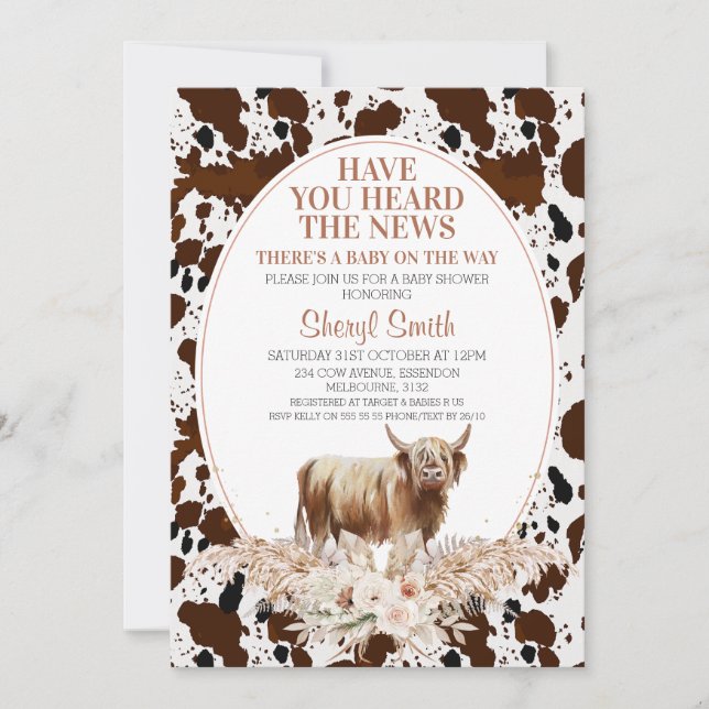 Highland Cow Boho Floral Baby Shower Einladung (Vorderseite)