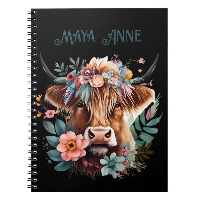 Highland Cow Boho Floral Watercolor Notizblock (Vorderseite)