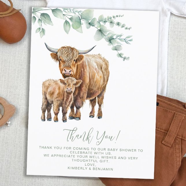 Highland Cow Boho Greenery Baby Shower Vielen Dank Postkarte (Von Creator hochgeladen)