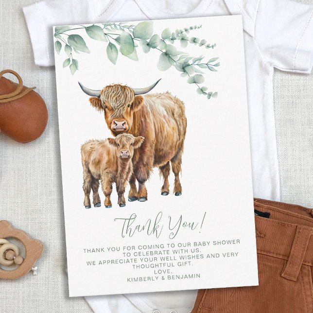 Highland Cow Boho Sage Greenery Baby Shower Dankeskarte (Von Creator hochgeladen)