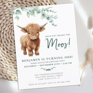 Highland Cow BohoGrünlandwirt Tier 1. Geburtstag Einladungspostkarte