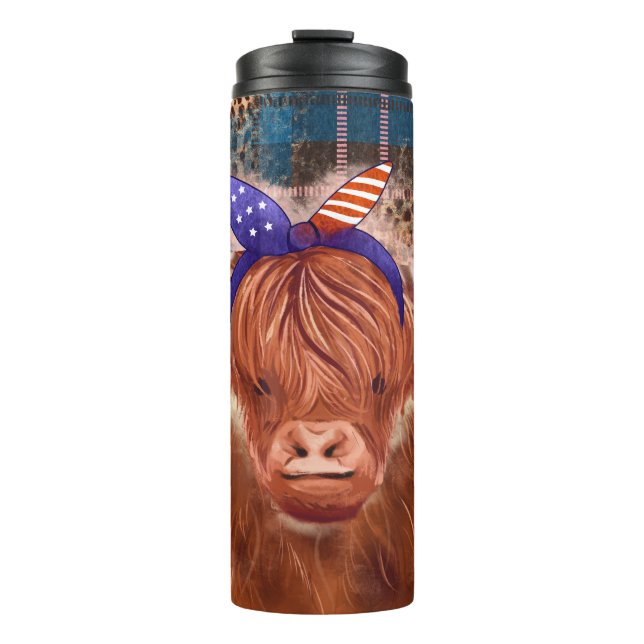 Highland Cow Buffalo Kariert 4. Juli Unabhängigkei Thermosbecher (Vorderseite)