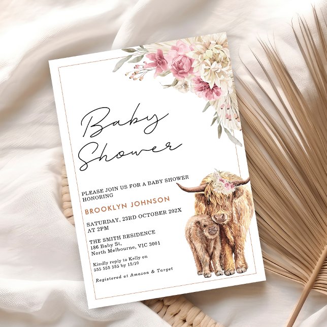 Highland Cow Calf Pink Boho Floral Baby Dusche Einladung (Pink Floral Highland Cow Baby Shower Invitation, Highland Cow Calf Baby Shower Invite Girl)