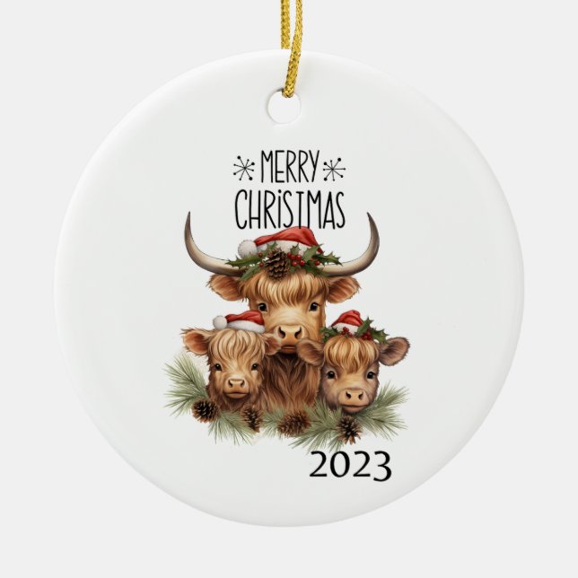 Highland Cow Christmas Keramik Ornament (Vorne)