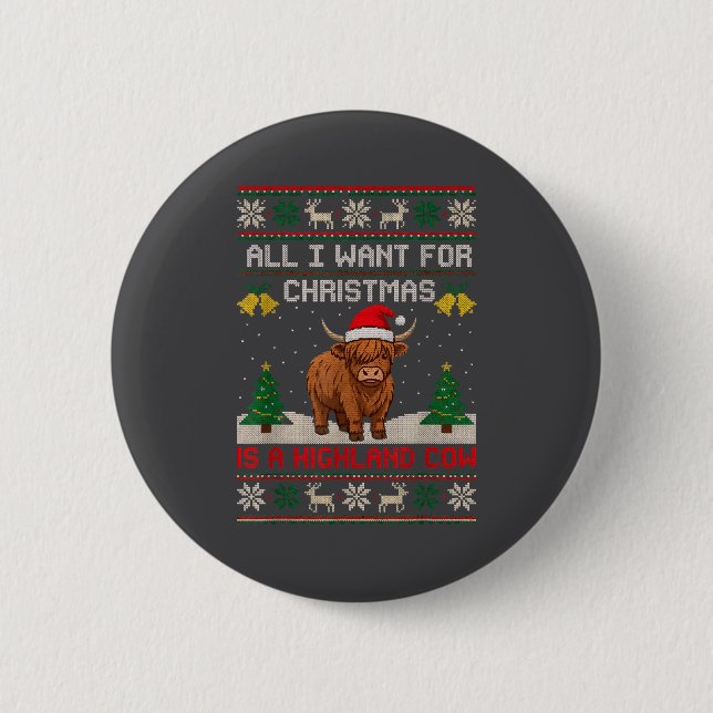 Highland Cow Christmas Ugly Sweater Style Festive  Button (Vorderseite)