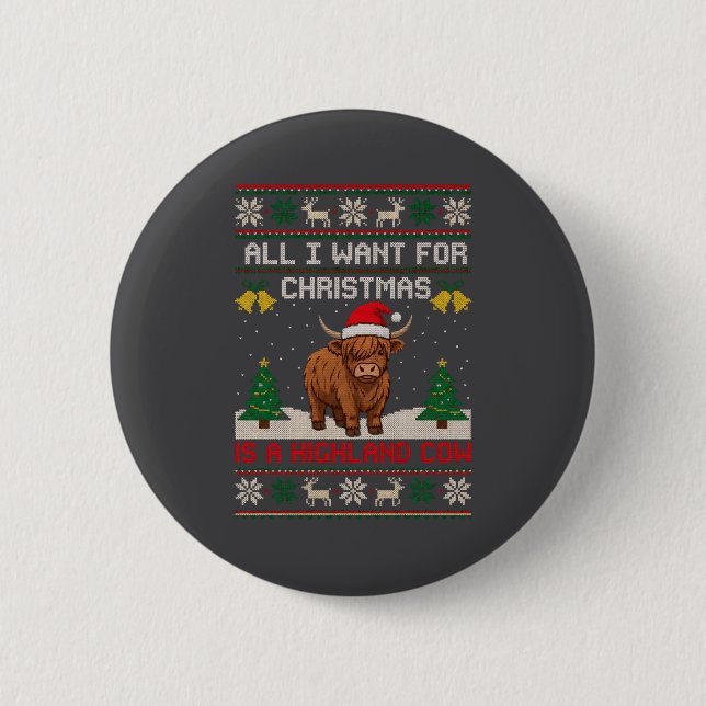Highland Cow Christmas Ugly Sweater Style Festive  Button (Vorderseite)